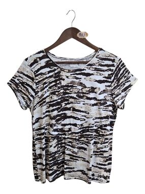 Relativity Women's T Shirt Size LG Short Sleeve V Neck Animal Prjnt BLK Beige